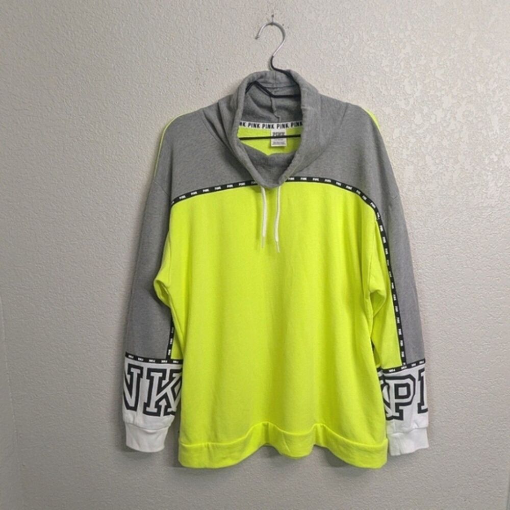 PINK By Victoria's Secret Neon Yellow Gray Sweatshirt Drawstring High Neck L